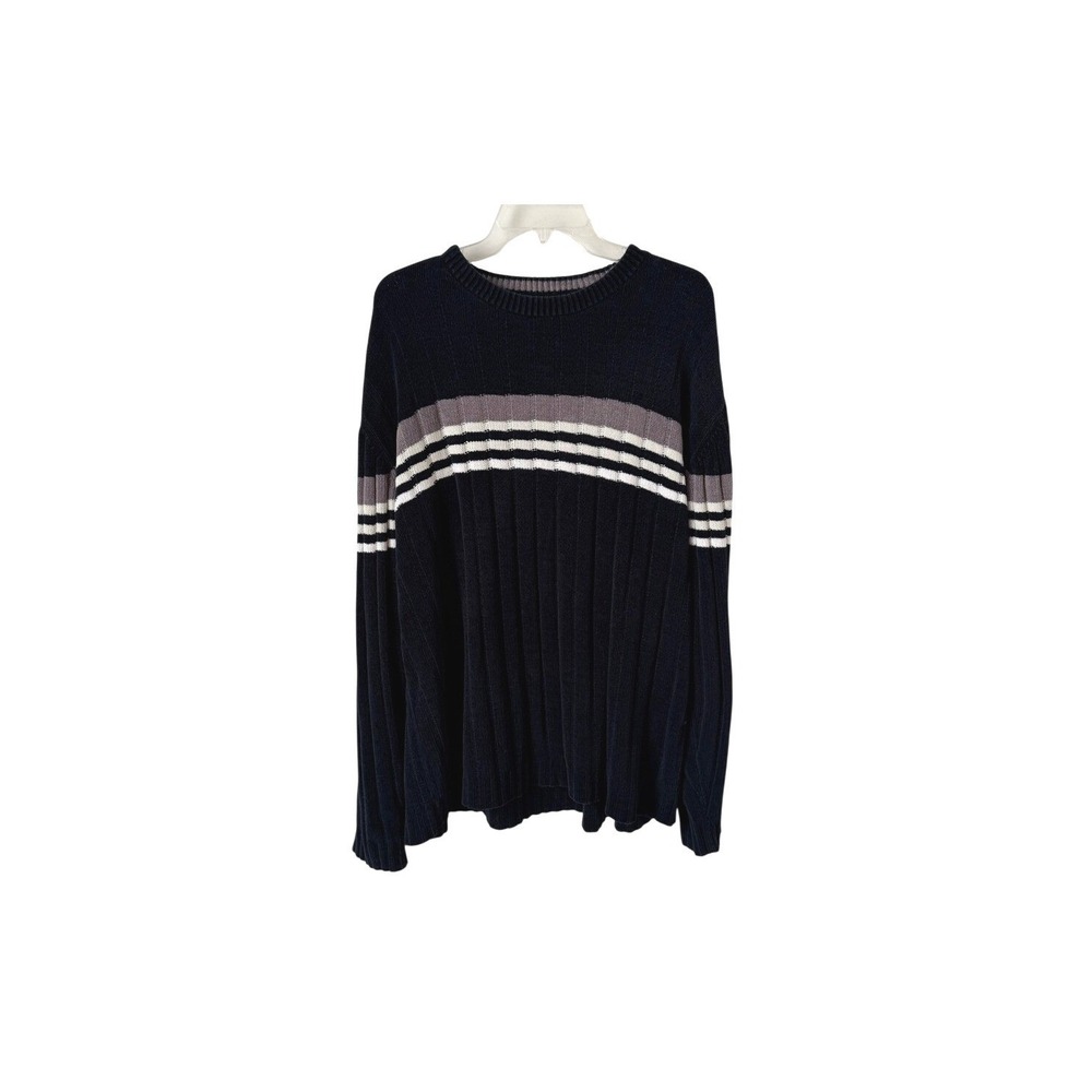 Retrofit Men's Black Crewneck Sweater Textured Chenille Gray & White Stripe XL